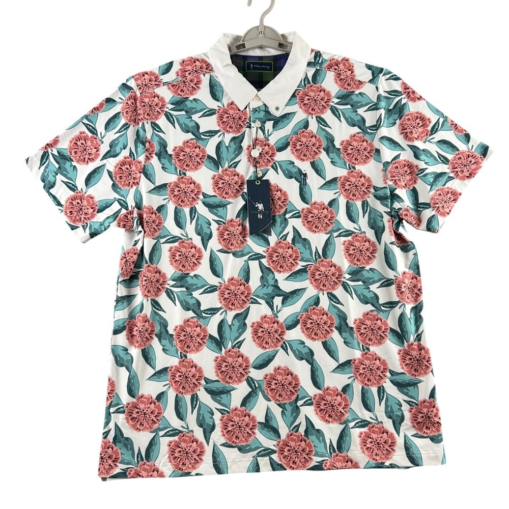 William‎ Murray Golf Tropical Mums Floral Polo Shirt Mens XL White Pink New
